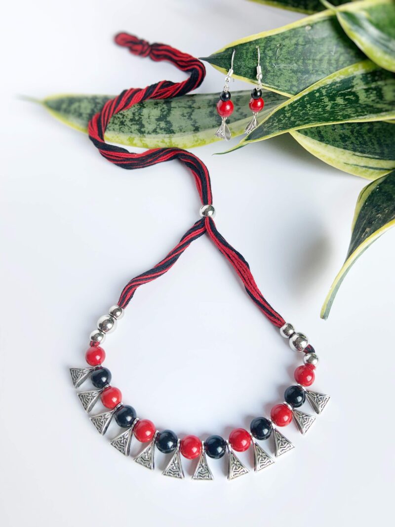 Red and Black Beaded Necklace with Silver Accents