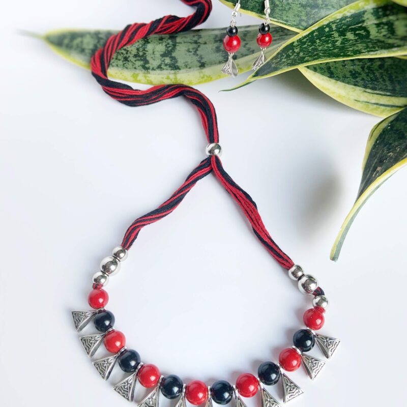 Red and Black Beaded Necklace with Silver Accents